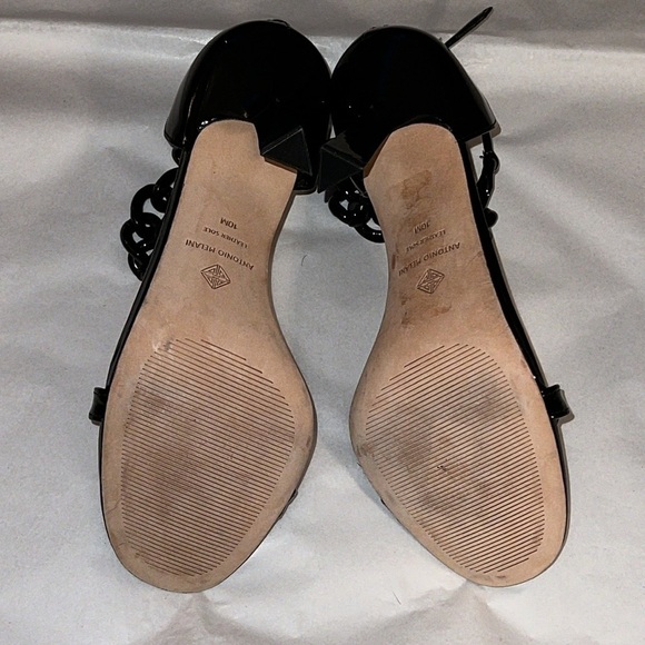 Antonio Melani black Carolita patent leather heels sandals chain detailing Sz 10 - Picture 5 of 7